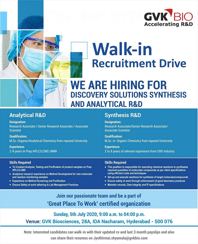 GVK Biosciences -Walk-In Recruitment Drive for Analytical & Synthesis R ...