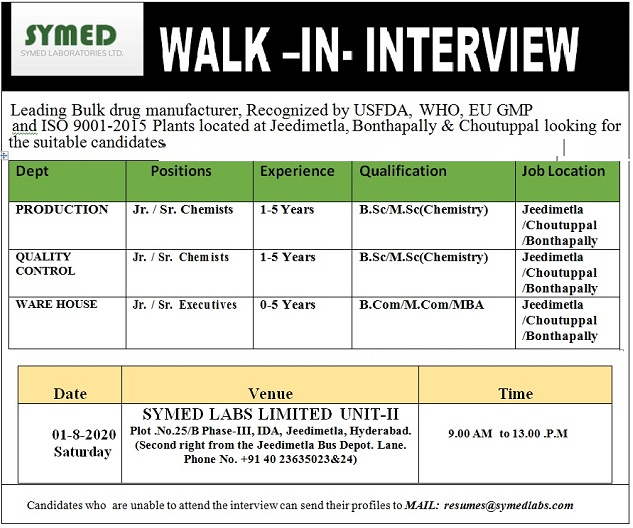 Symed Labs Ltd-Walk-In Interview for Production/ QC / Warehouse On 1st ...