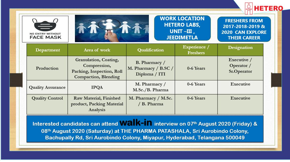 HETERO LABS LIMITED – Walk-Ins for Freshers & Experienced in Production ...