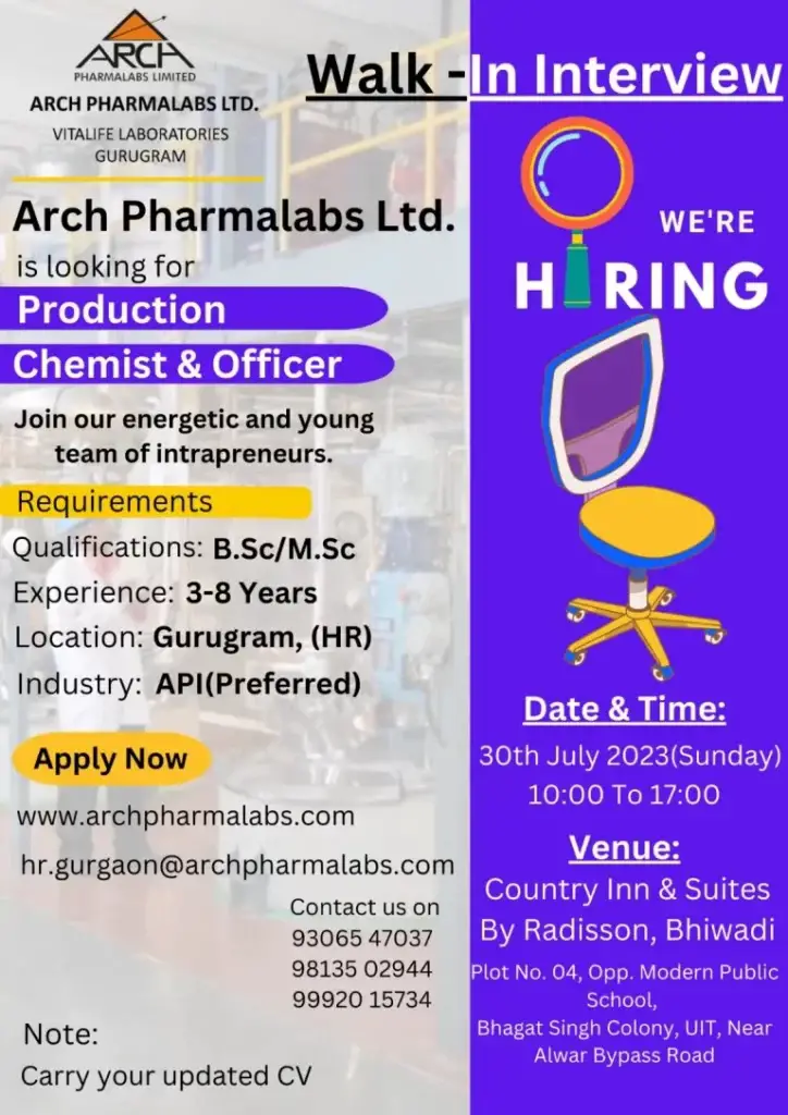 Arch Pharma Ltd – Walk-In Interviews