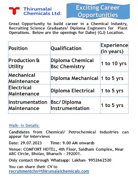 Thirumalai Chemicals Ltd is holding a walk-in