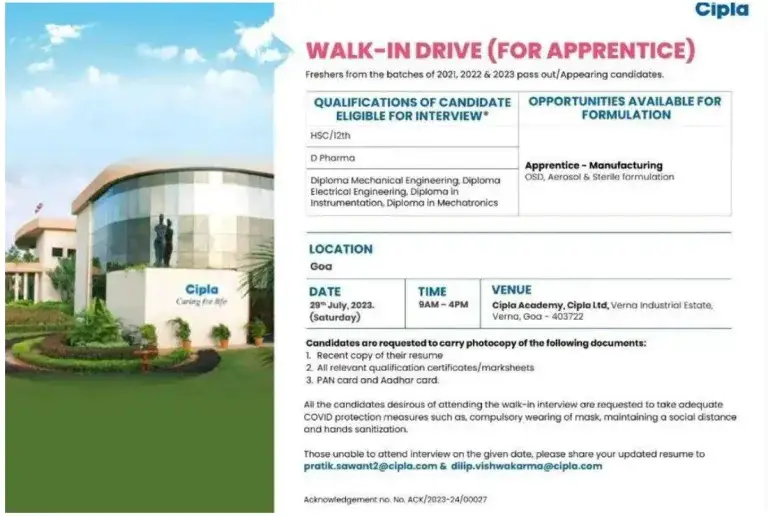 Cipla is conducting walk-in interviews