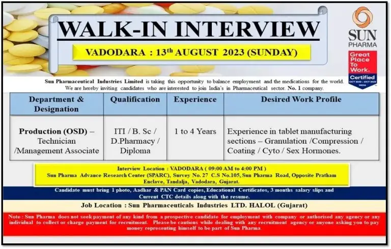 SUN PHARMA – Walk-In Interviews