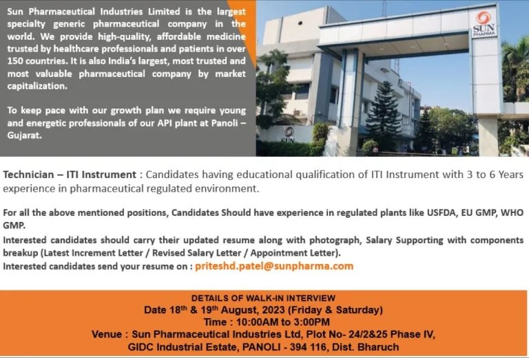 Sun Pharma – Walk-In Interviews