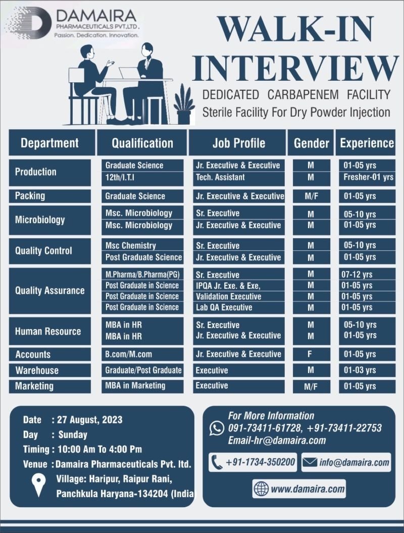 Damaira Pharma -Walk-In Interview