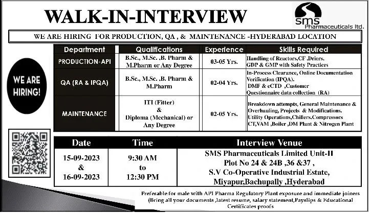 SMS Pharma – Walk-In Interviews