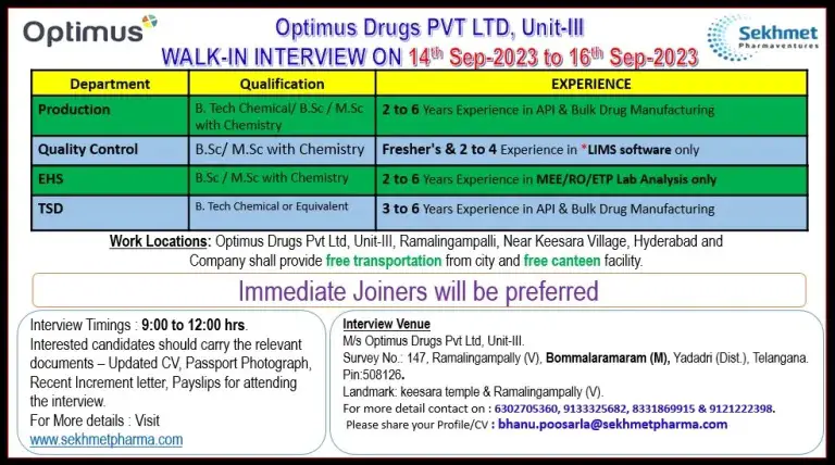Optimus Drugs Pvt. Ltd – Walk-In Drive