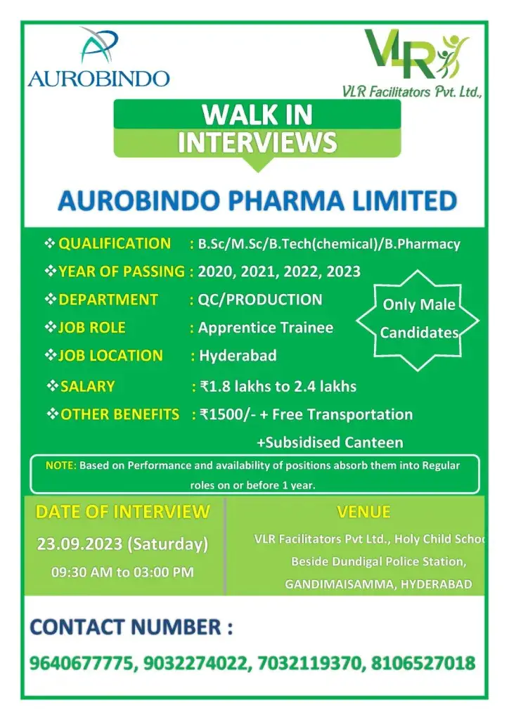 Aurobindo Pharma Ltd – Walk-In Interviews