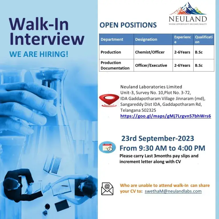 Neuland Laboratories Limited – Walk-In Interviews