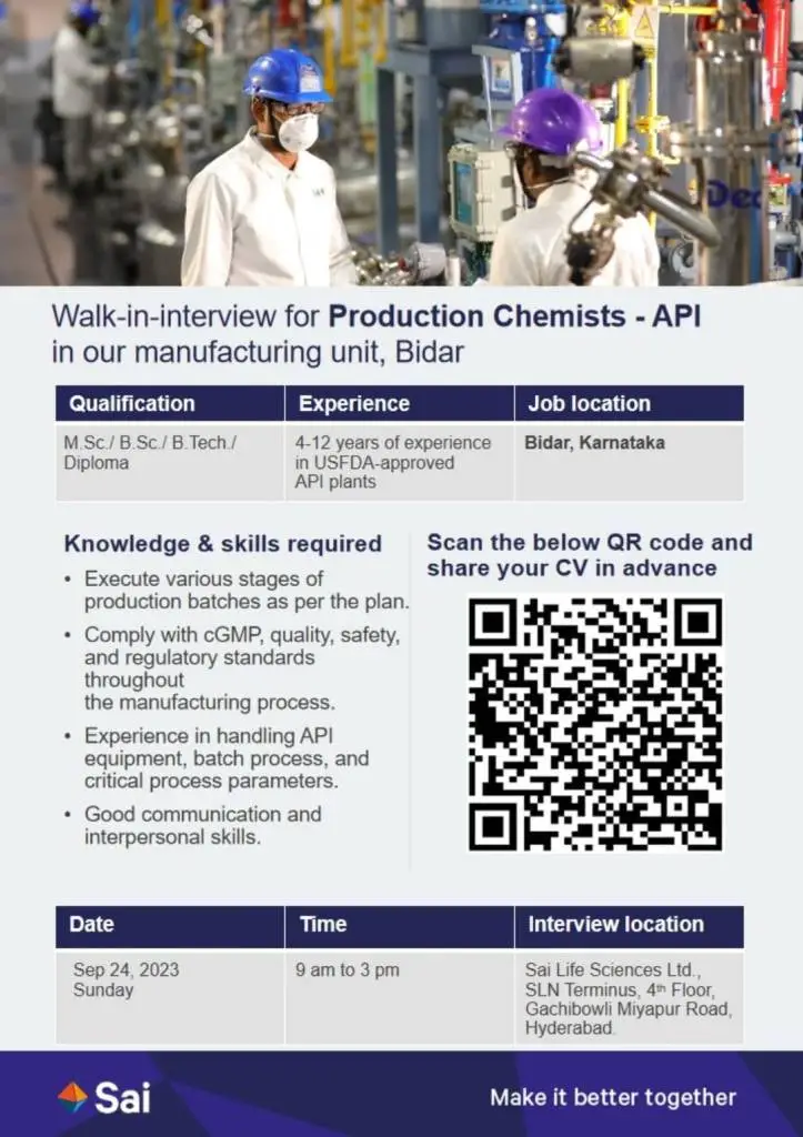 Sai Life Sciences Ltd – Walk-In Interviews