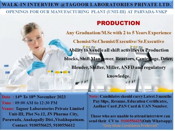 Tagoor Laboratories Pvt. Ltd.-Walk-In Interviews