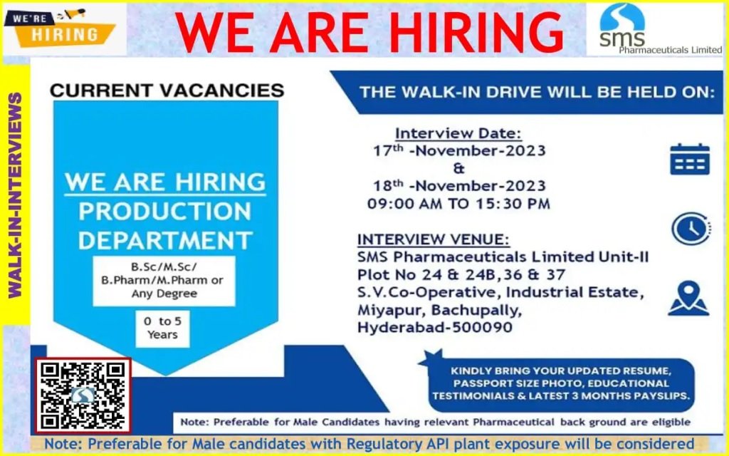 SMS Pharmaceuticals Ltd - Walk-In-Interview