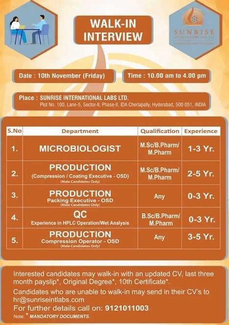 Sunrise International Labs Ltd- Walk-In Interviews