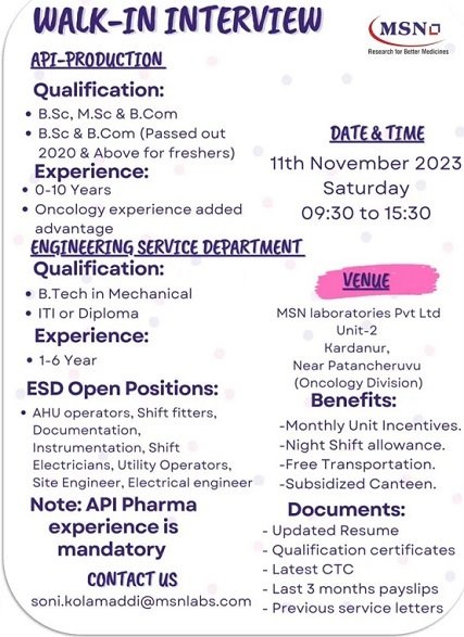 MSN Laboratories Pvt. Ltd-Walk -In Drive