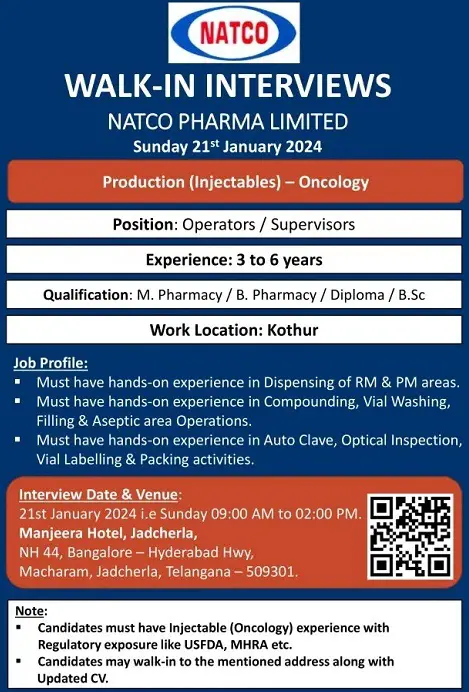 Natco Pharma- Walk-In Interview