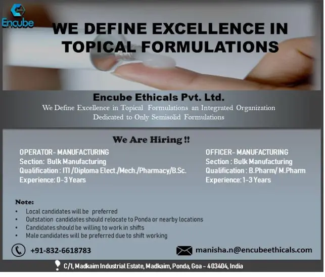 Encube Ethicals Pvt. Ltd. Hiring 