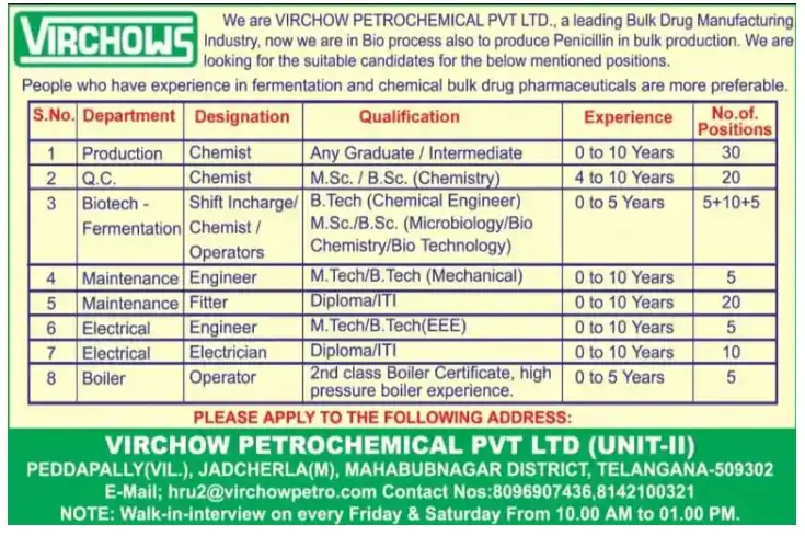 110+ Openings @ VIRCHOW PETROCHEMICAL - Walk-In Interviews