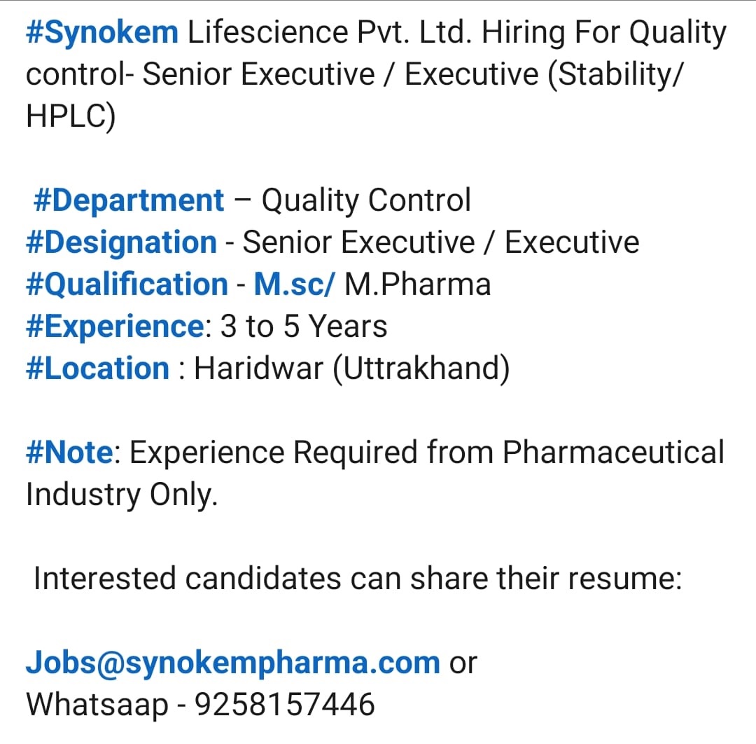 Synokem Lifescience Pvt. Ltd.- Hiring