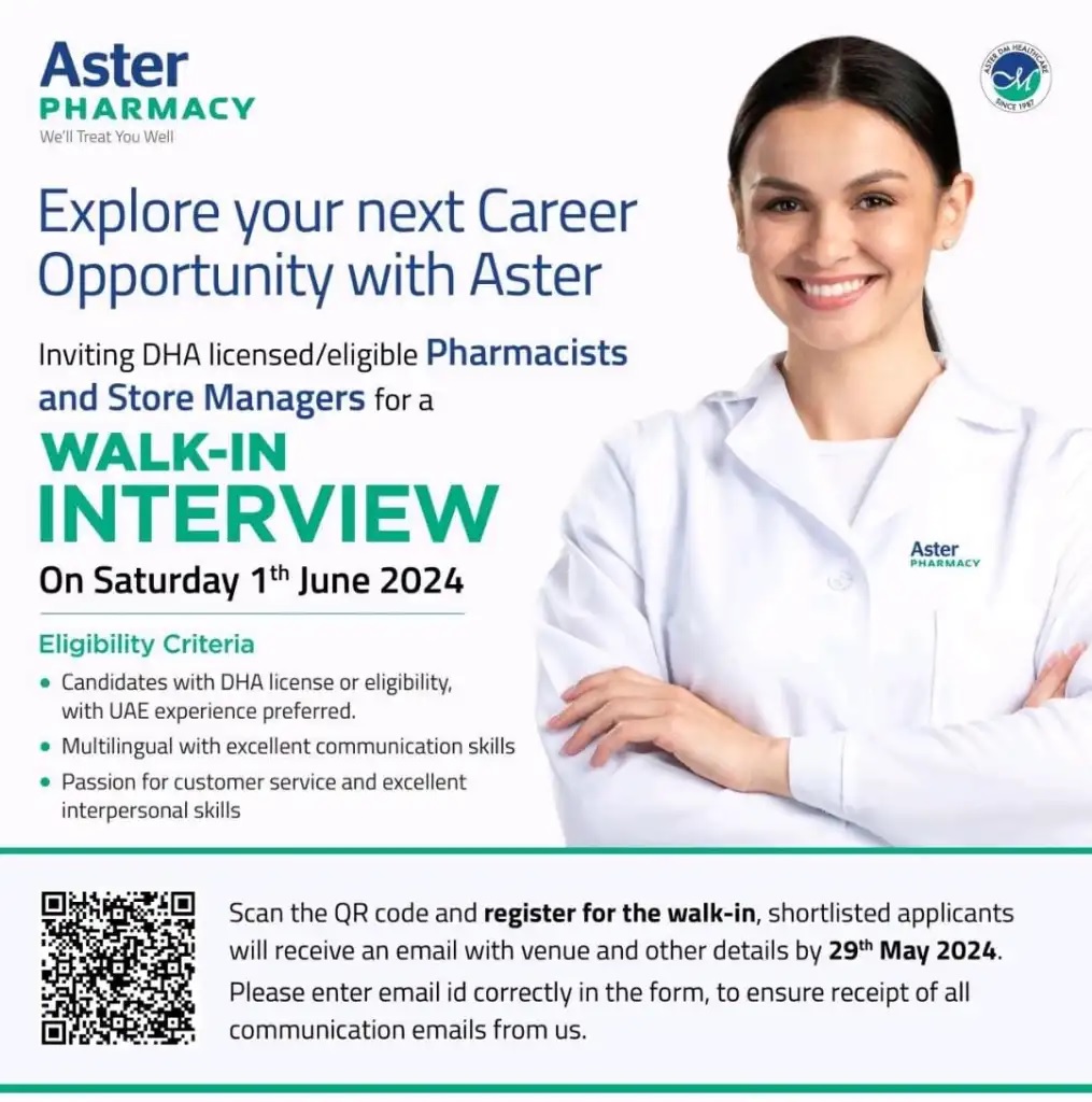 Aster Pharmacy-walk-in interview