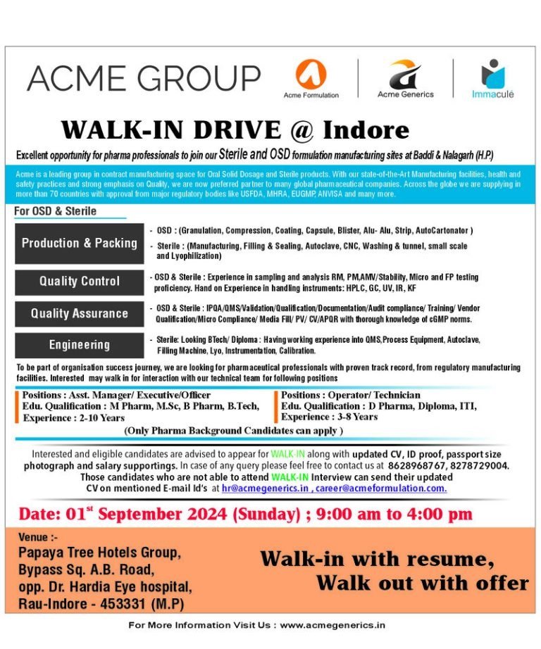 ACME Group-Interview for Pharma Professional on 1st Sept 2024 @ Indore