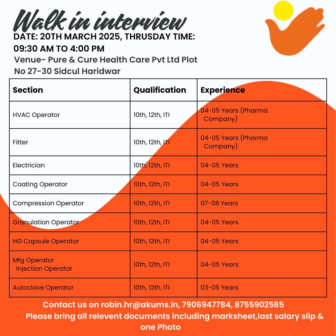 Pure & Cure Health Care Pvt Ltd-Walk in interview