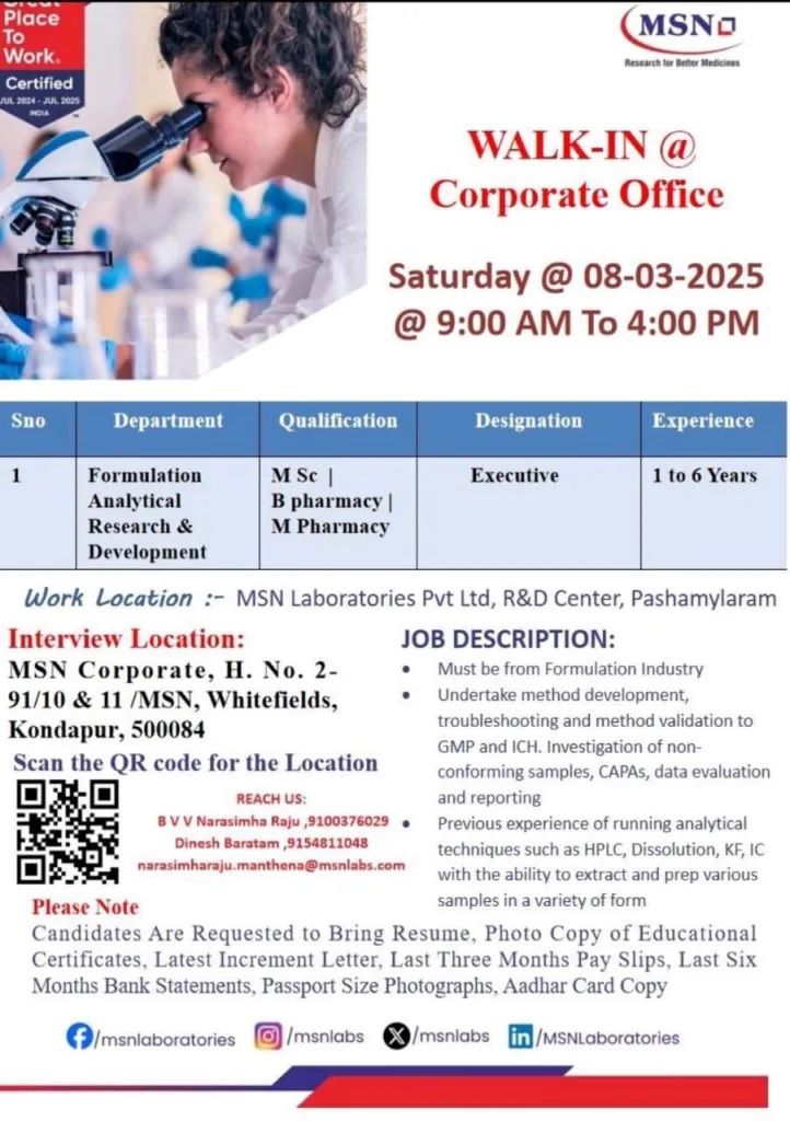 MSN Laboratories -Walk-In Interview