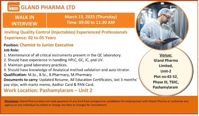 Gland Pharma- Walk In Interview