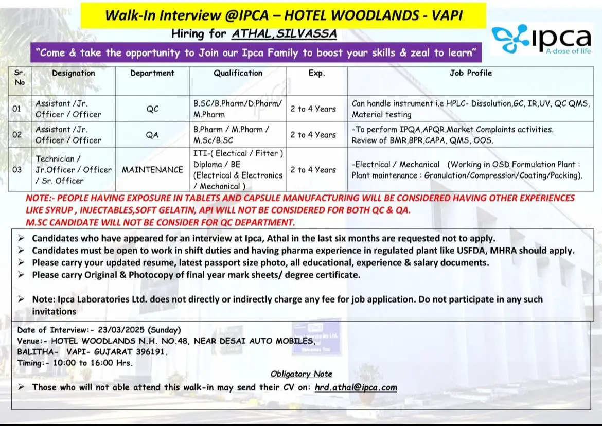 Ipca -Walk In Interview