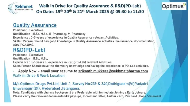 Optimus Drugs Pvt. Ltd-Walk in Drive