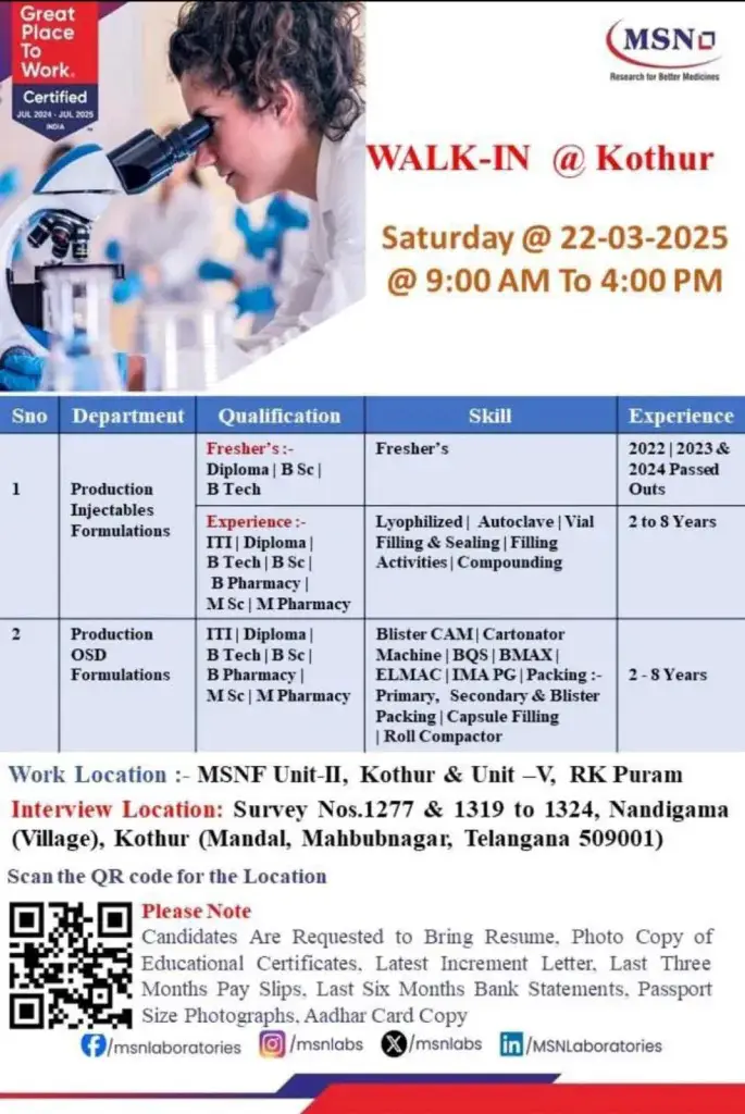 MSN Laboratories -Walk-In Interview