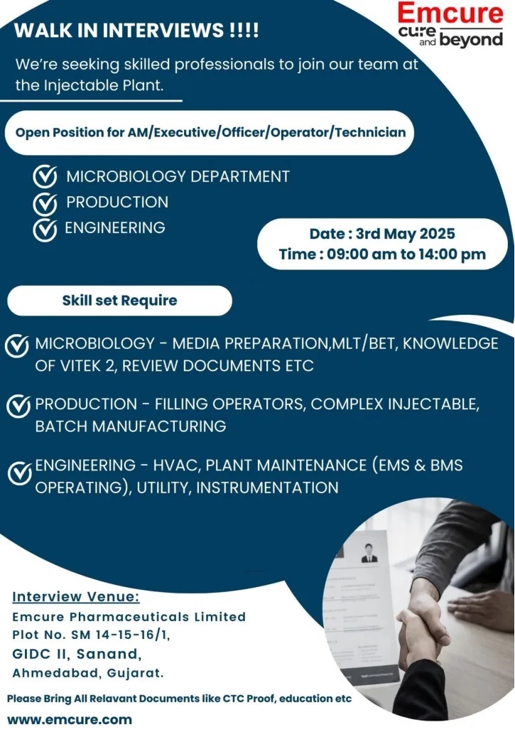 Emcure Pharmaceuticals- Walk-In Interviews