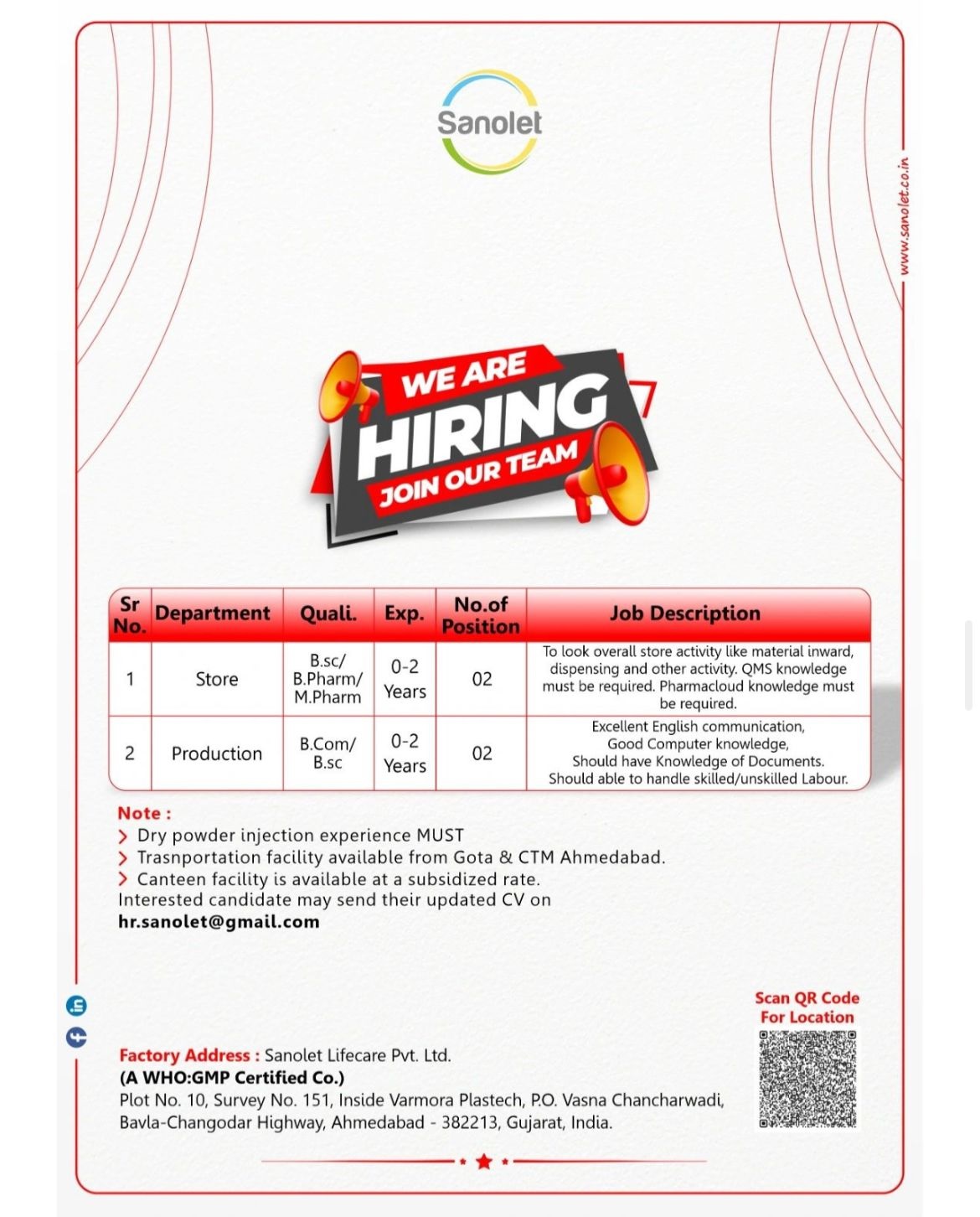 Sanolet- Hiring