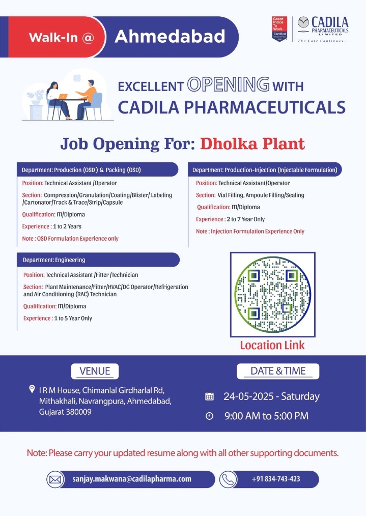 Cadila Pharma- Walk In Interview