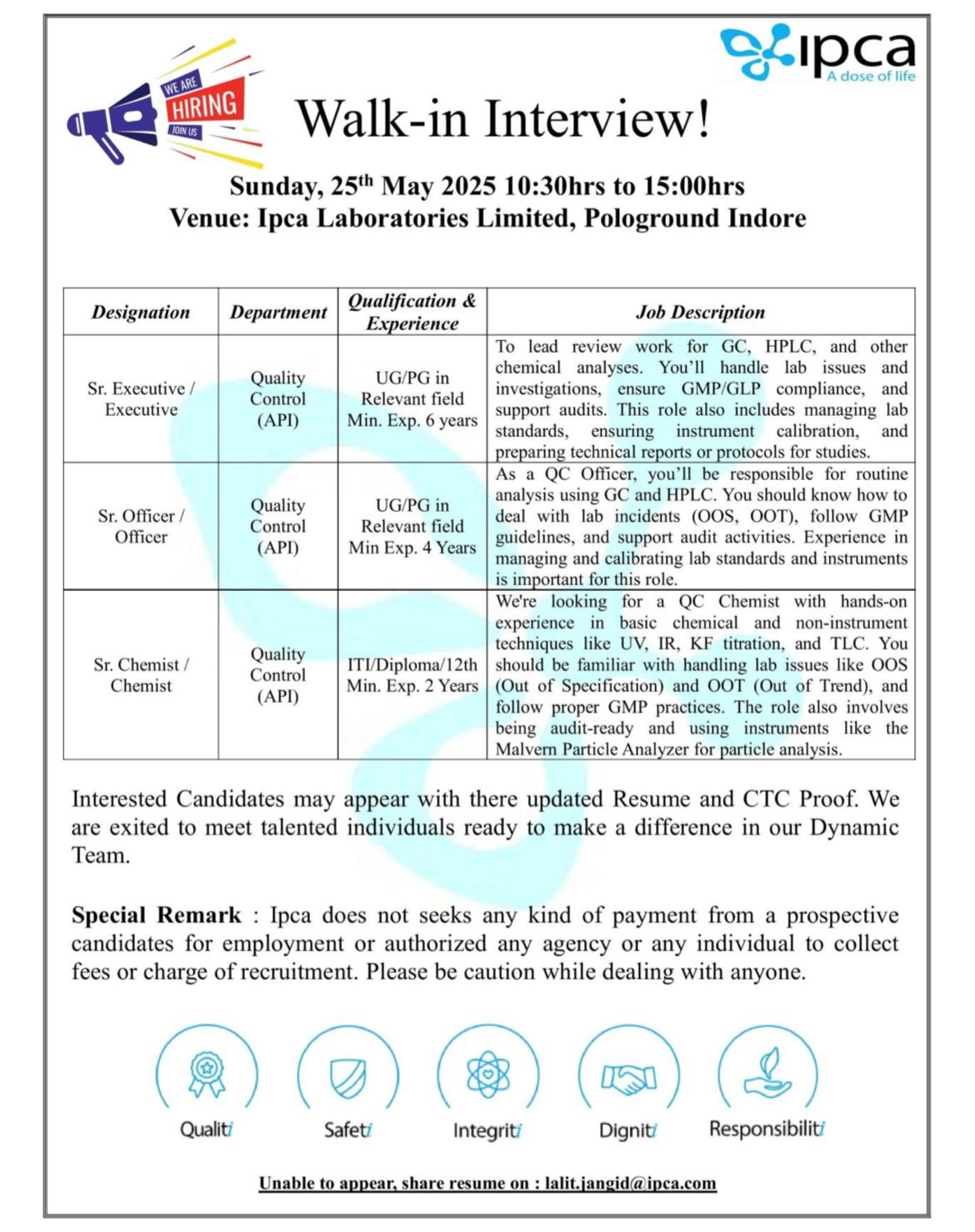 Ipca- Walk In Interview