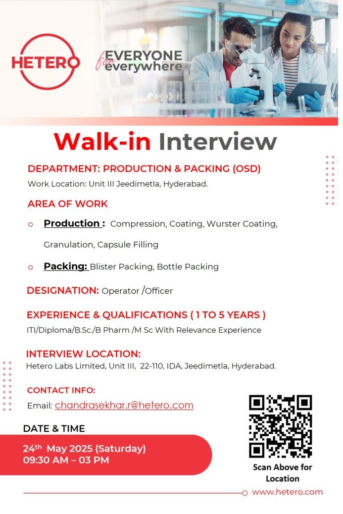 Hetero Labs- Walk-in Interview