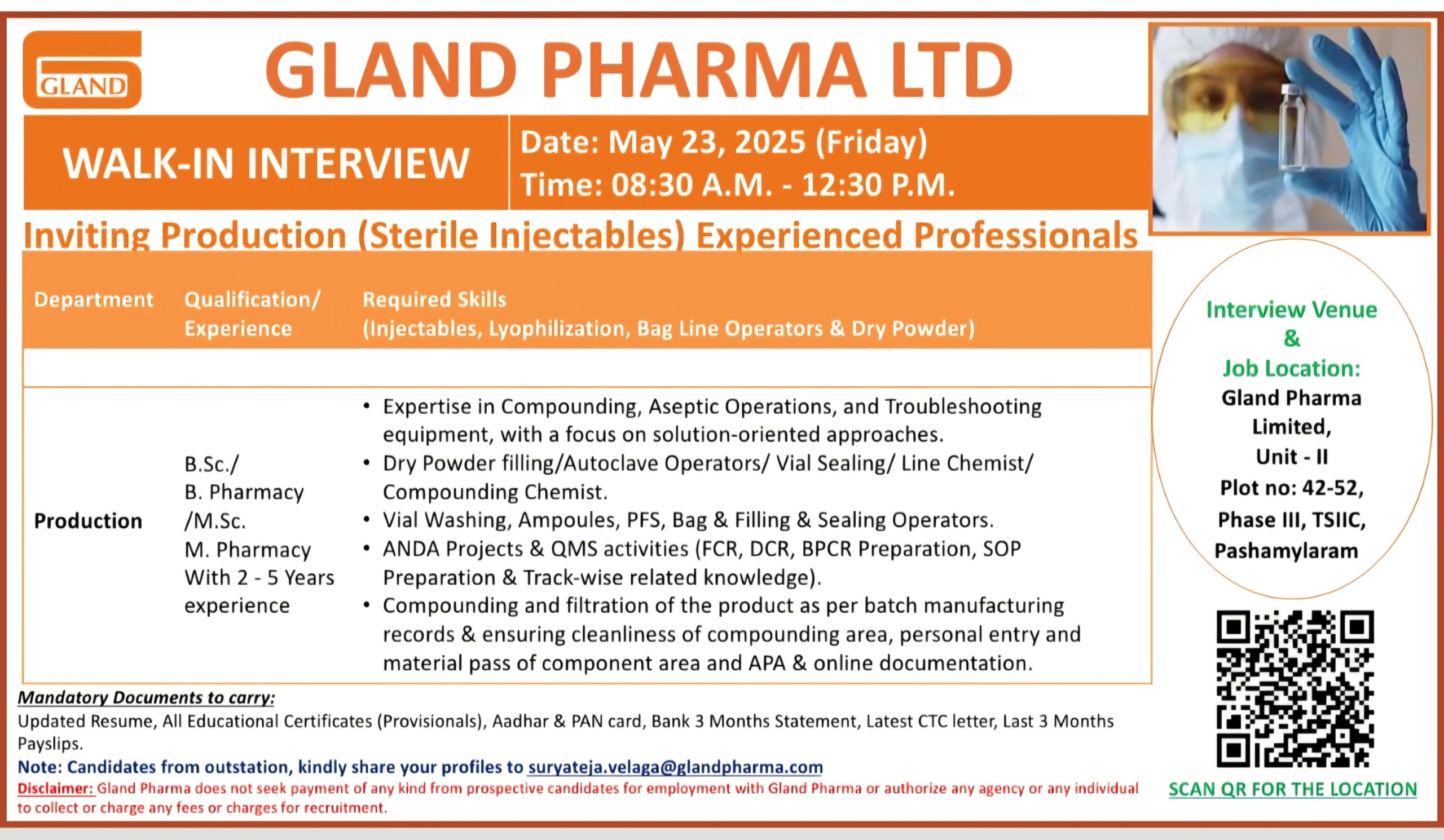 Gland Pharma- Walk In Interview