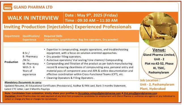 Gland Pharma- Walk In Interview