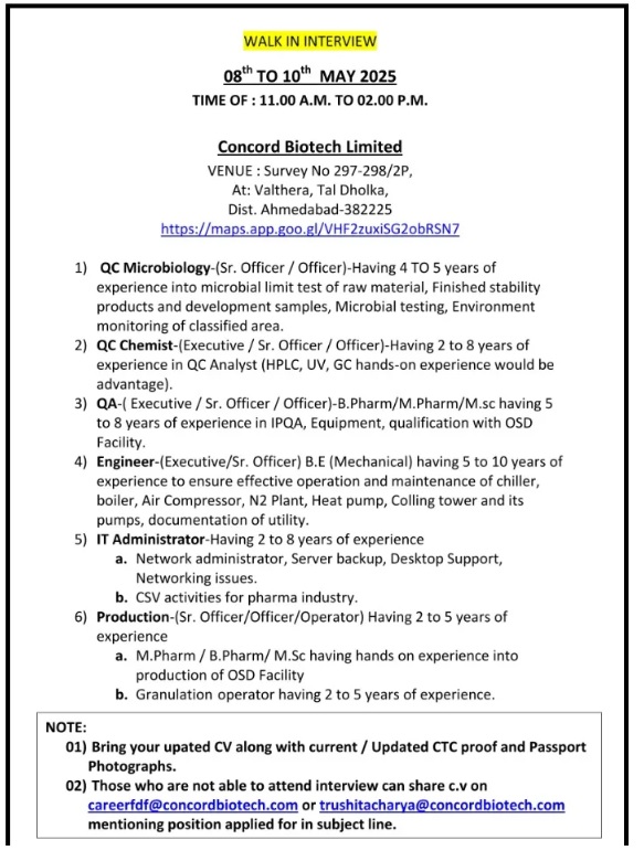 Concord Biotech Limited- WALK IN INTERVIEW