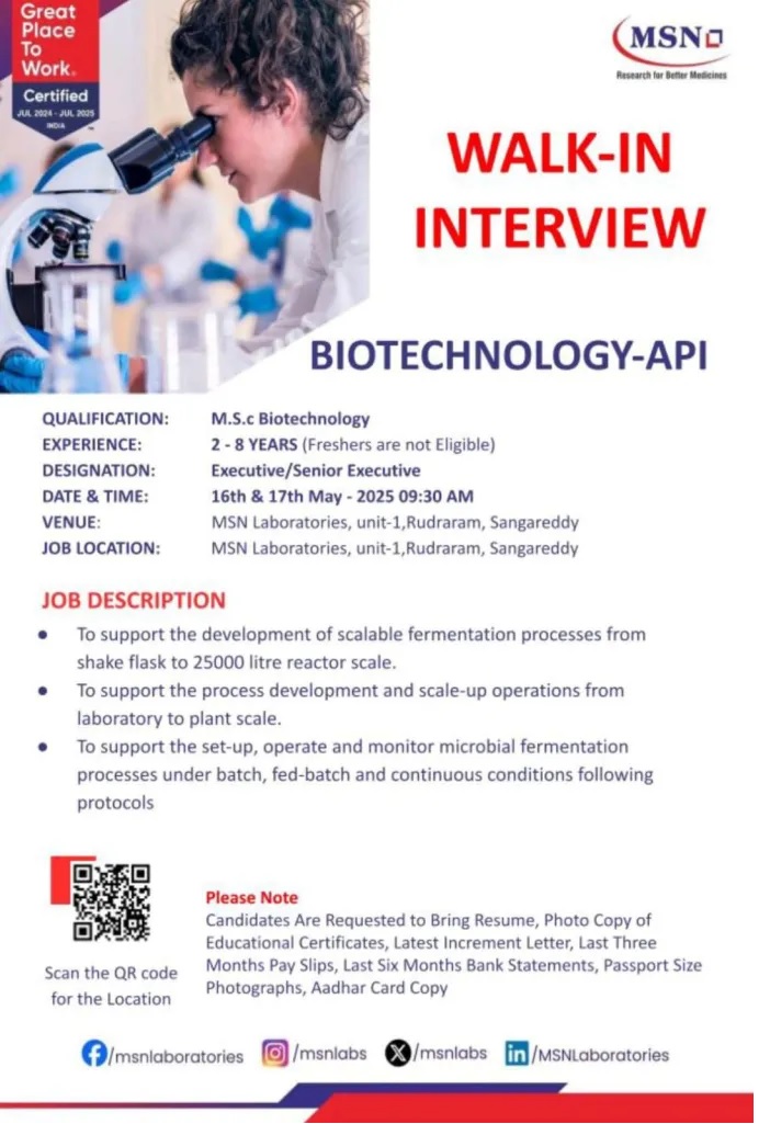 MSN Laboratories- Walk-In Interview
