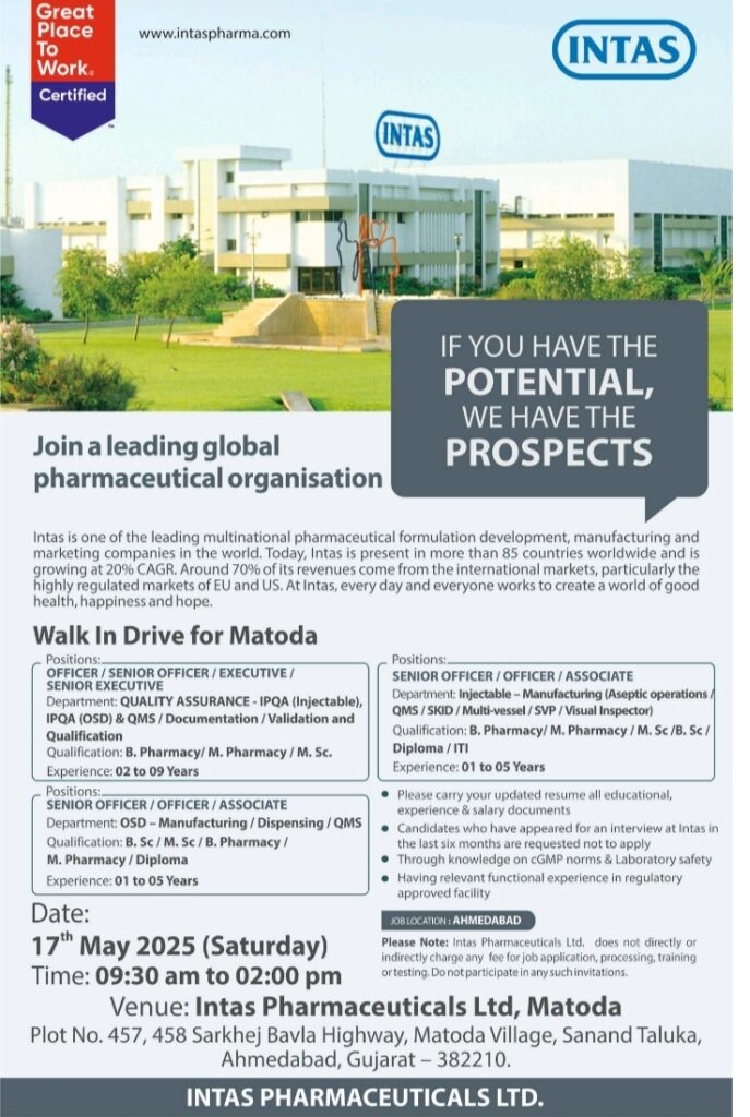Intas Pharma- Walk In Interview