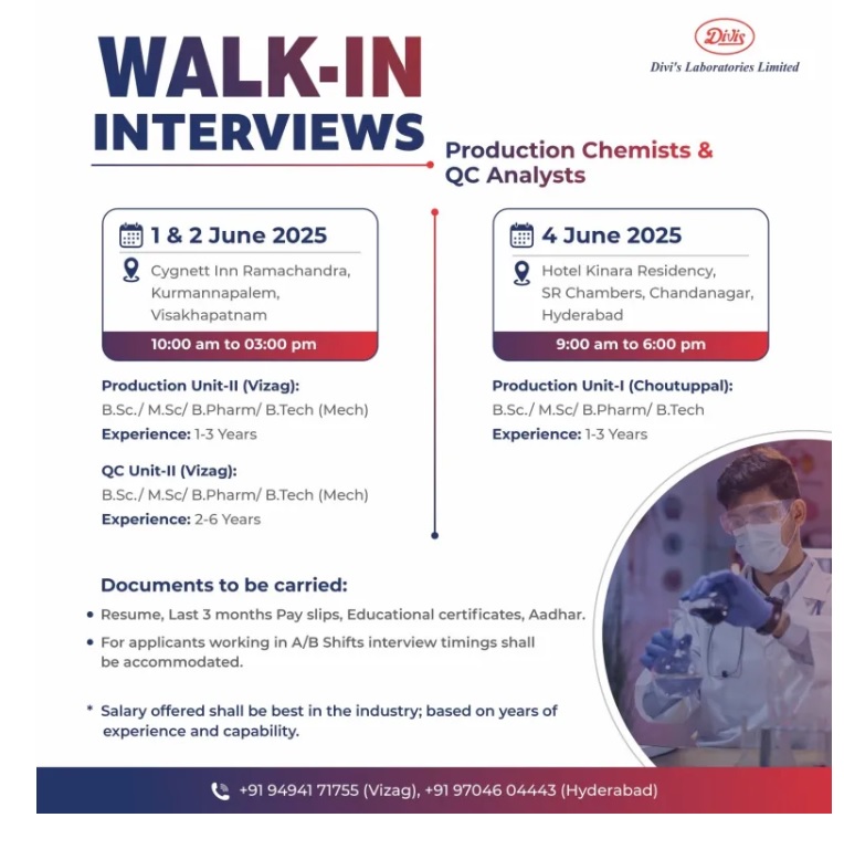 Divi's Laboratories - Walk-In Interviews