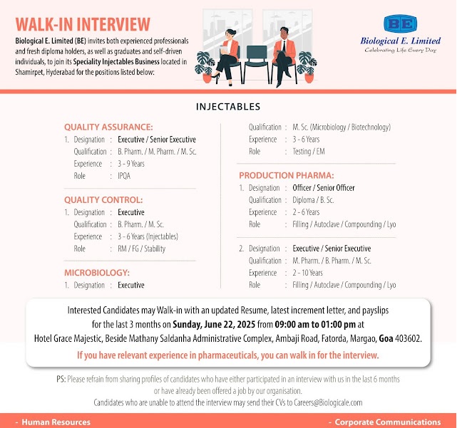 Biological E- Walk In Interview