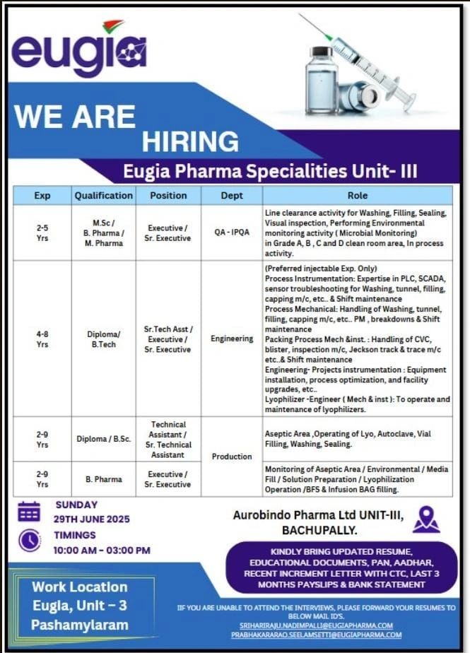 Eugia Pharma- Walk-In Interviews