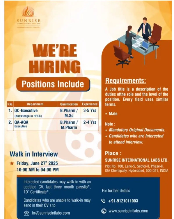 Sunrise International Labs Ltd,- walk-in interviews