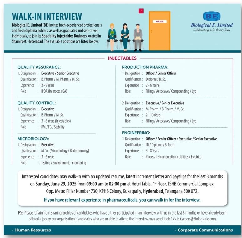 Biological E- Walk In Interview