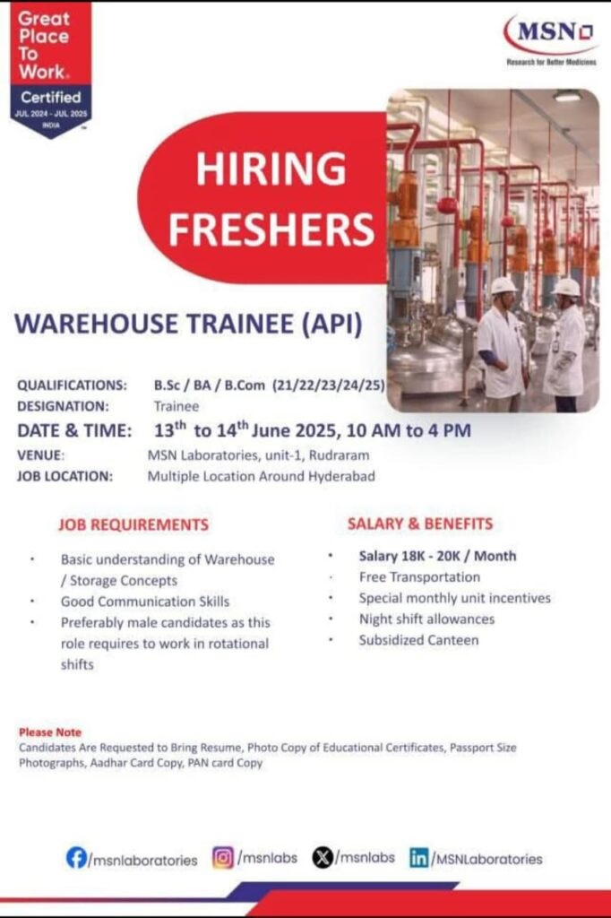 MSN Laboratories– Walk-In Freshers