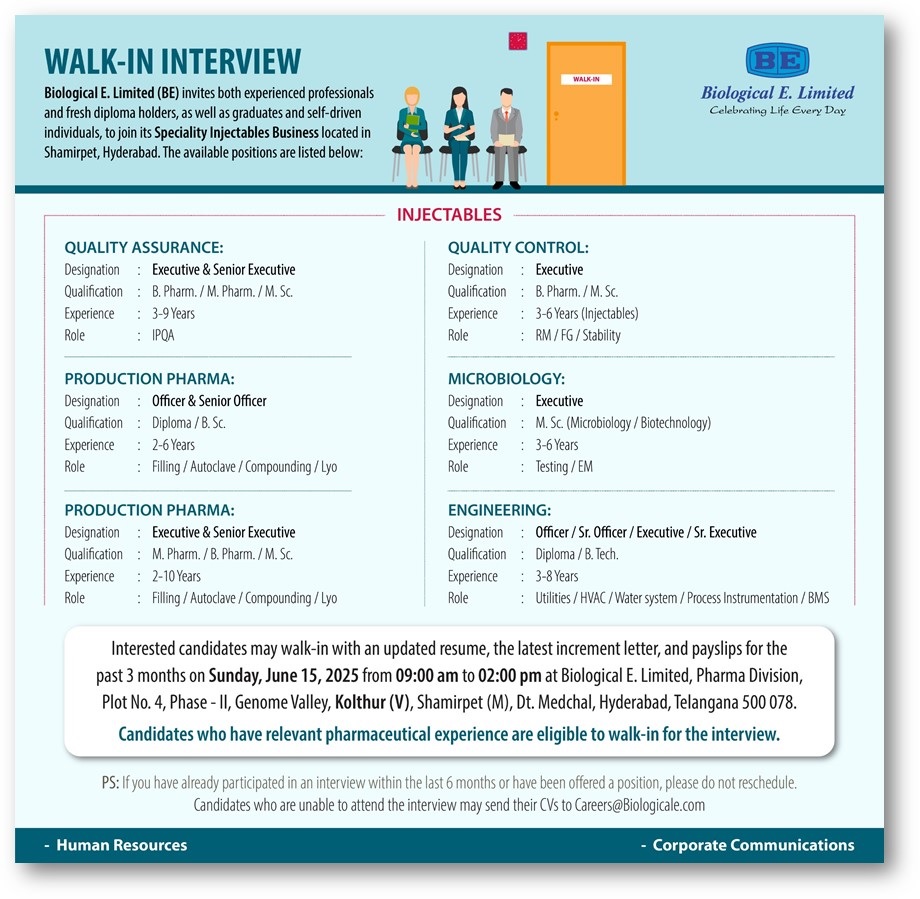 Biological E. Limited-Walk-In Interview