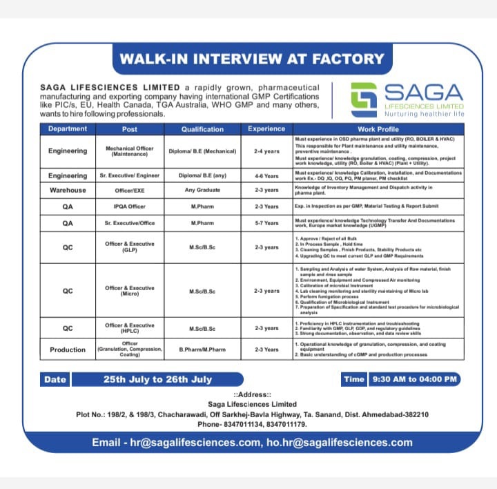 Saga Lifescience- Walk In Interview