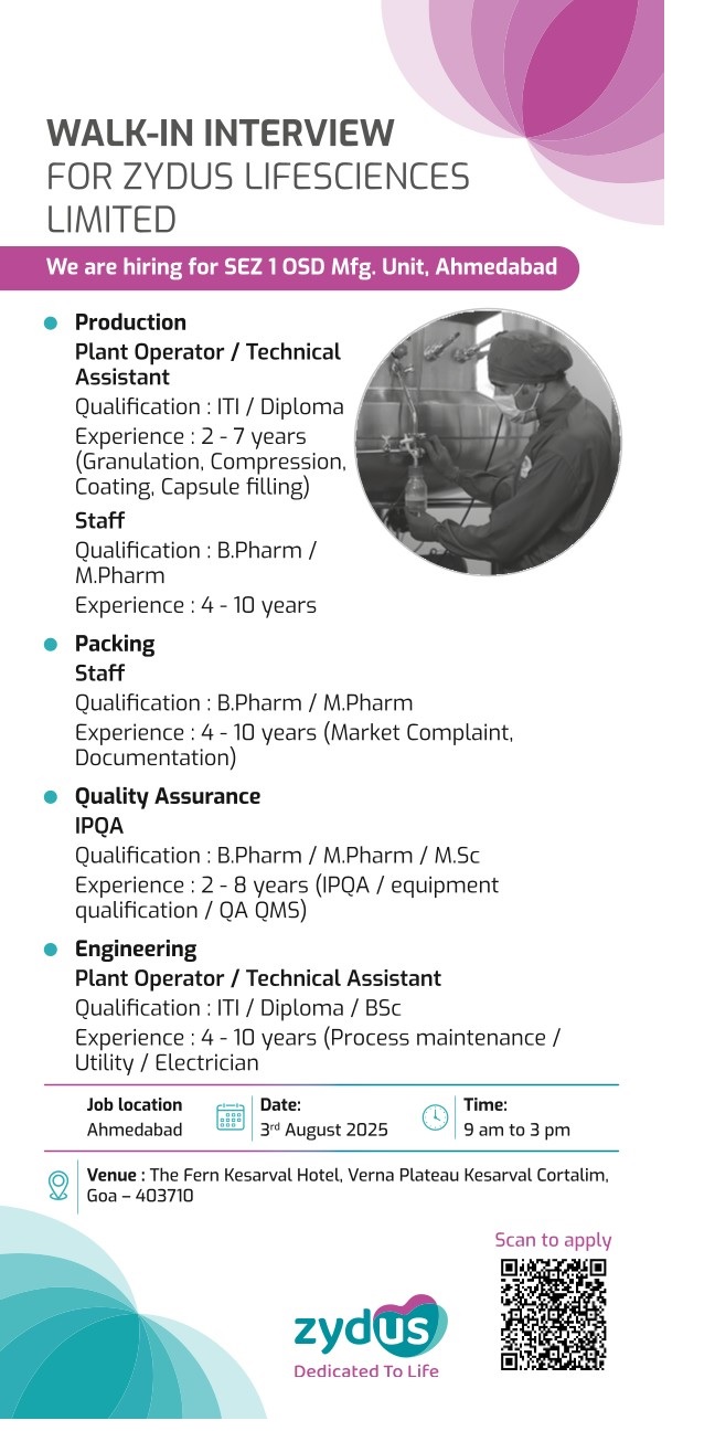 Zydus Lifesciences- Walk-In Interview