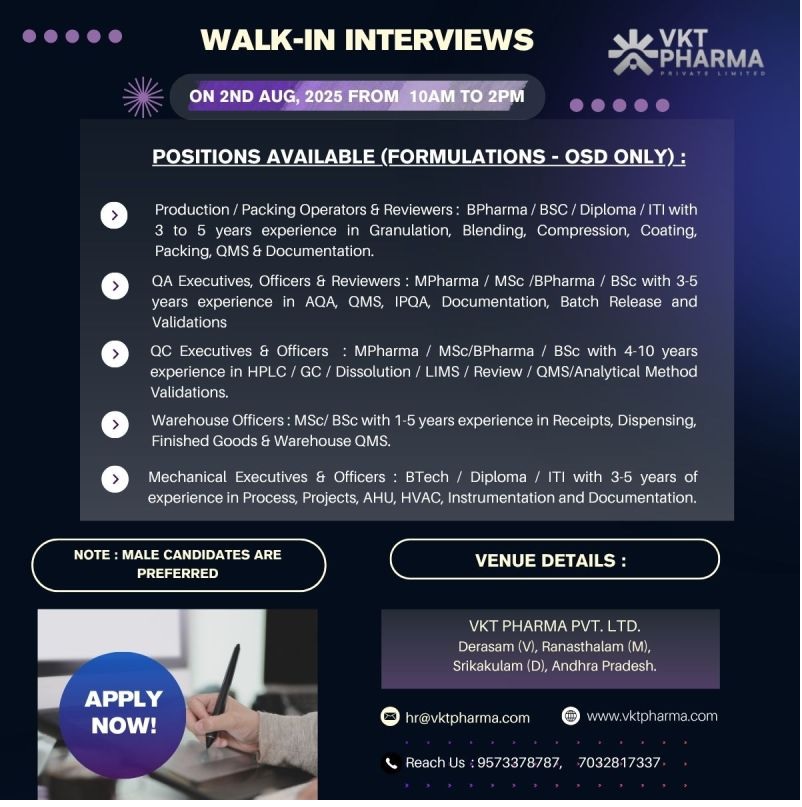 VKT Pharma -Walk-In Interview